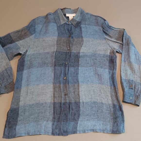 VTG Doncaster Blouse Women's 14 100% Linen Blue Plaid Button Down Sheer Top - Picture 1 of 11